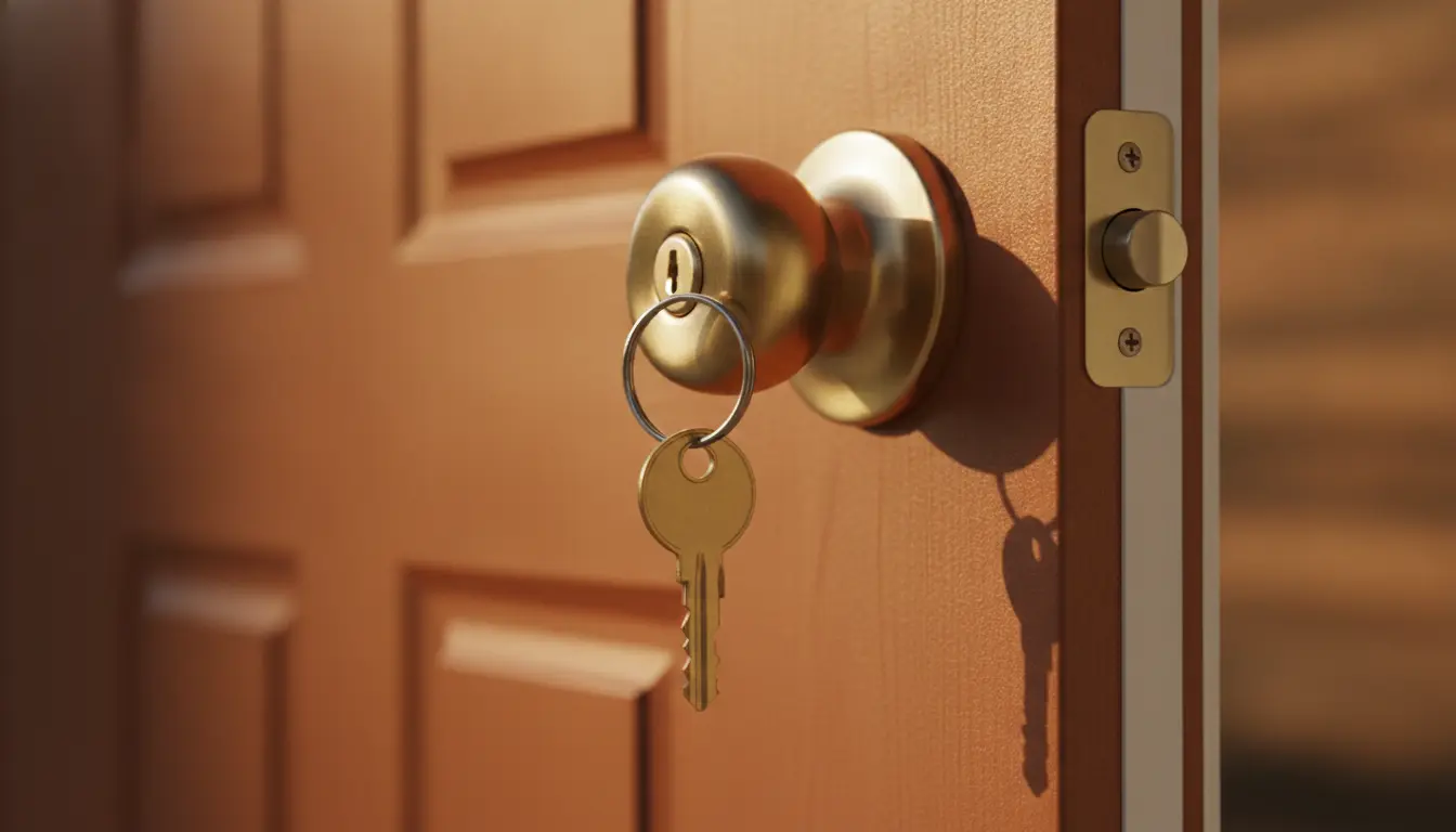 A set of keys hanging in the lock of a home's front door